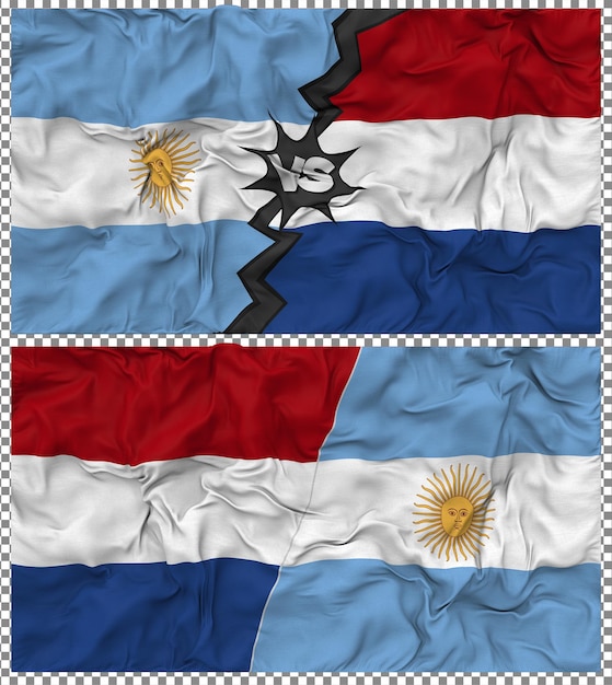 Niederlande gegen Argentinien Halbkombinierte Flagge Stoff-Bump-Textur 3D-Rendering