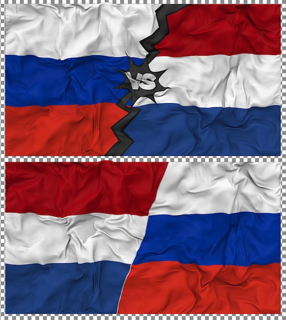 Niederlande gegen Russland Halbkombinierte Flagge Stoff Bump Textur 3D-Rendering
