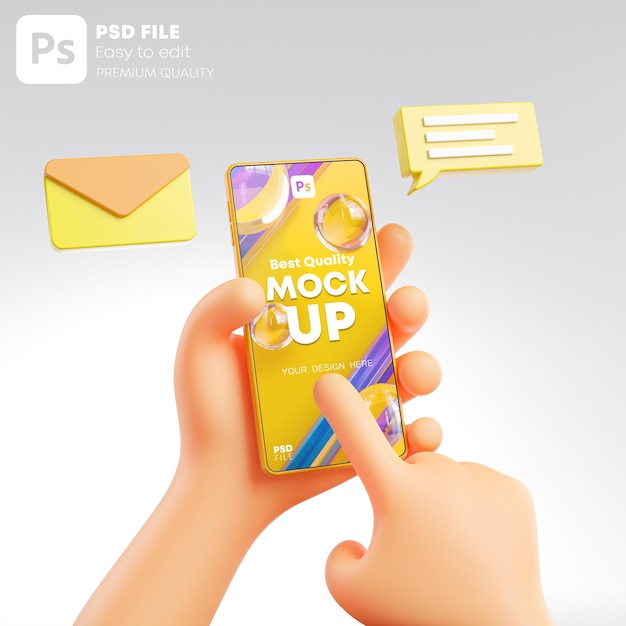 Niedliche hand halten und berühren telefon nachricht popup mockup 3d rendering