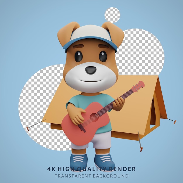 Niedliche hundecamping-maskottchen 3d-charakterillustration, die gitarre spielt