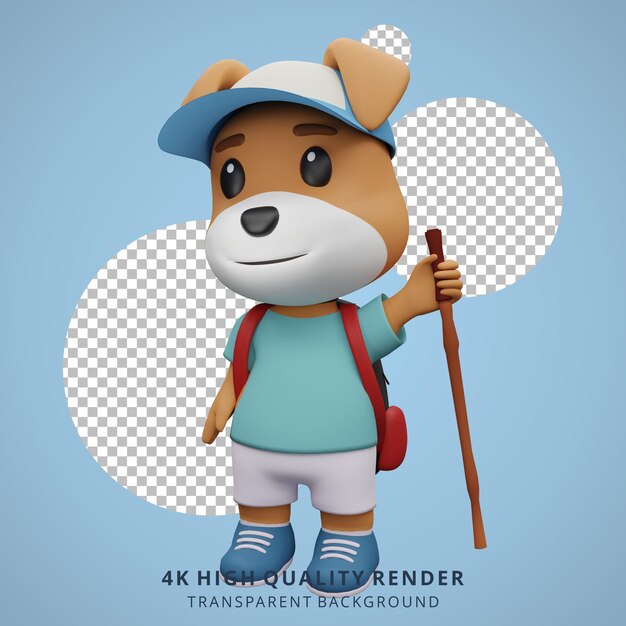 Niedliche hundecamping-maskottchen 3d-charakterillustration mit stock