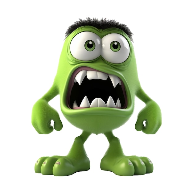 PSD niedliche monsterfigur grün gefärbt mit wütendem ausdruck 3d-illustration generative ai
