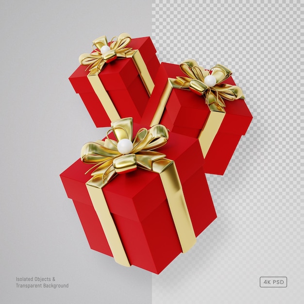 Niedliche rote Geschenkboxen mit goldenem Band und Bogenknoten 3D-Symbol isoliert