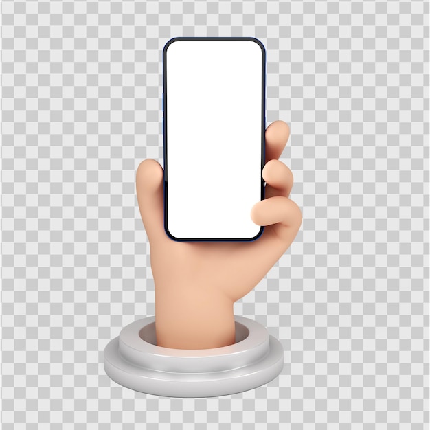 Niedliche zeichentrickfigur hände halten smartphone geste 3d render isoliert