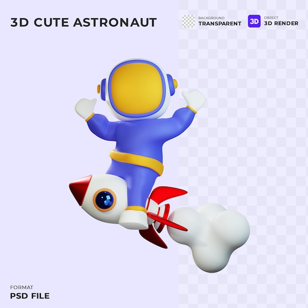 Niedlichen astronaut reiten rakete cartoon 3d illustration wissenschaft technologie symbol konzept 3d-cartoon-stil