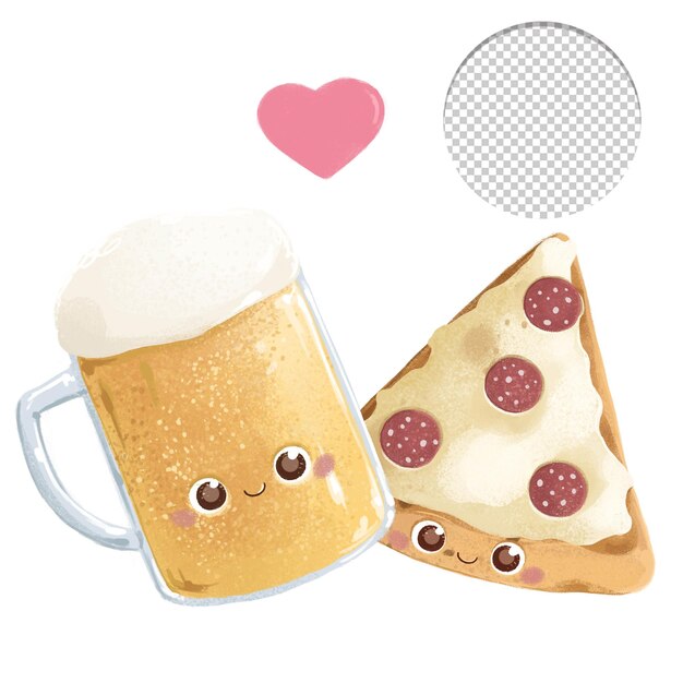 PSD niedlicher bierkrug und peperoni-pizza im kawaii-stil isoliert auf weißem hintergrund