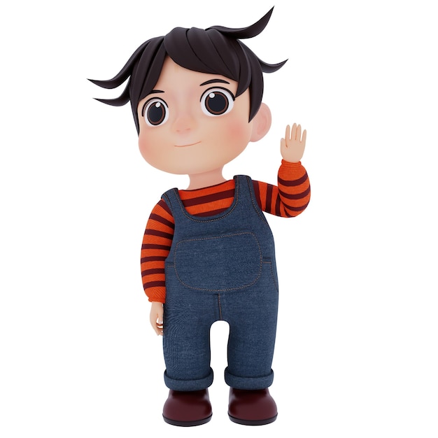 Niedlicher junge winkt 3d-darstellung mit overall-jeans und gestreiftem stoff-cartoon