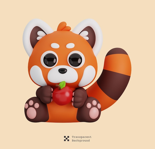 Niedlicher roter Panda mit Apfel, isolierte Tiere und Lebensmittelsymbol, Cartoon-Stil, Konzept, 3D-Rendering