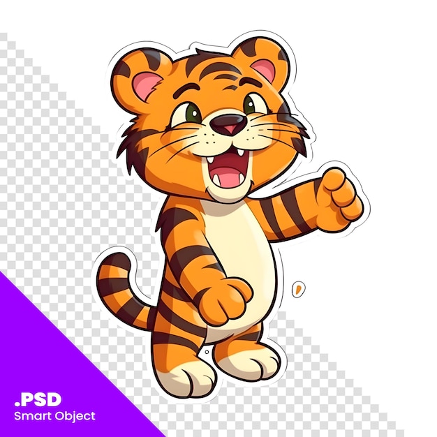 PSD niedlicher tiger-cartoon-aufkleber isoliert auf weißem hintergrund. vektorillustration. psd-vorlage