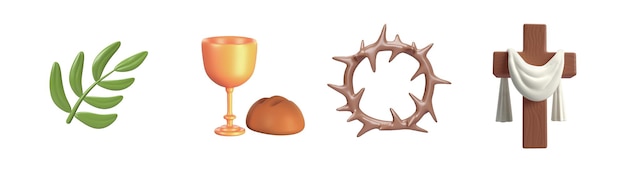 Niedliches 3D-Symbol Ostern Detaillierter grüner Palmenzweig Dornenkrone Eucharistie Brot und Weinrebe und Holzkreuz mit weißer Stoffillustration isolierter transparenter PNG-Hintergrund