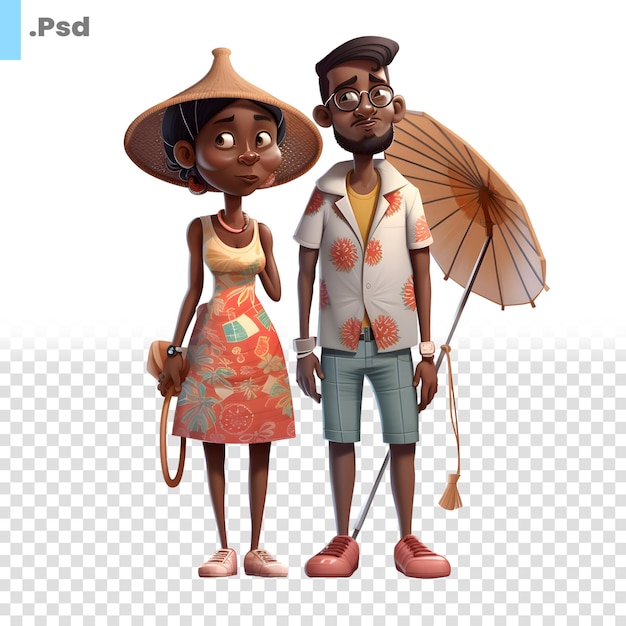 PSD niedliches afroamerikanisches paar in sommerkleidung mit regenschirm auf weißem hintergrund psd-vorlage