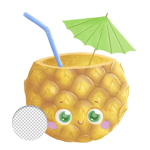 PSD niedliches, fröhliches kawaii-ananas-cocktailgetränk isoliert auf weißem hintergrund