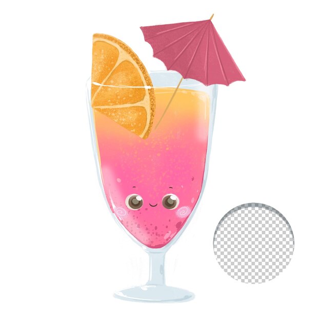 Niedliches rotes, fröhliches kawaii-cocktailgetränk mit orangenscheibe isoliert auf weißem hintergrund