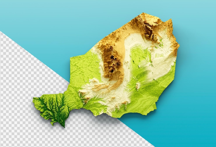 PSD niger map shaded relief color height map on the sea blue background 3d illustration