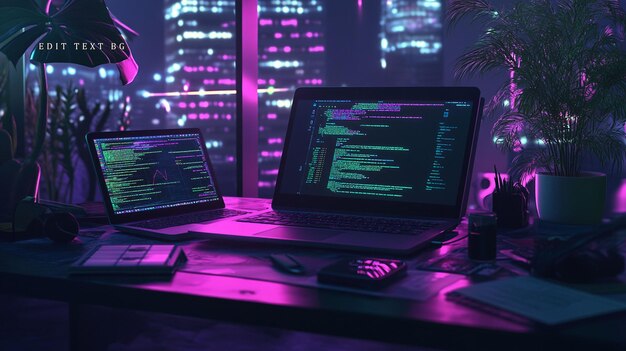 Night city view from desk with two laptops displaying code