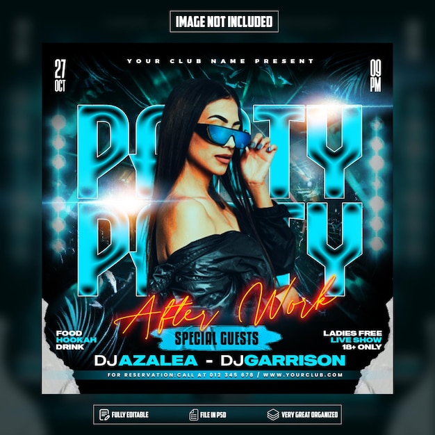 Night club After work party flyer publicación en redes sociales y banner web psd