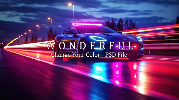 PSD night drive un coche de policía futurista atraviesa el paisaje urbano de neón