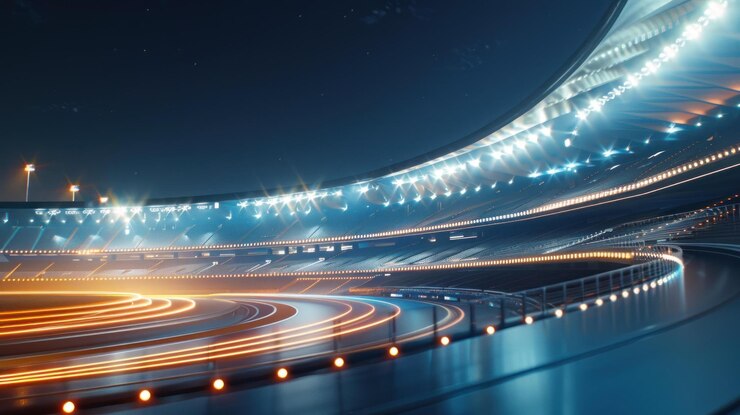 PSD night race track stadium with bright lights and motion blur