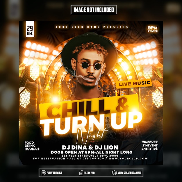 Nightclub chill turn upclub dj party flyer publicación de instagram y plantilla de redes sociales