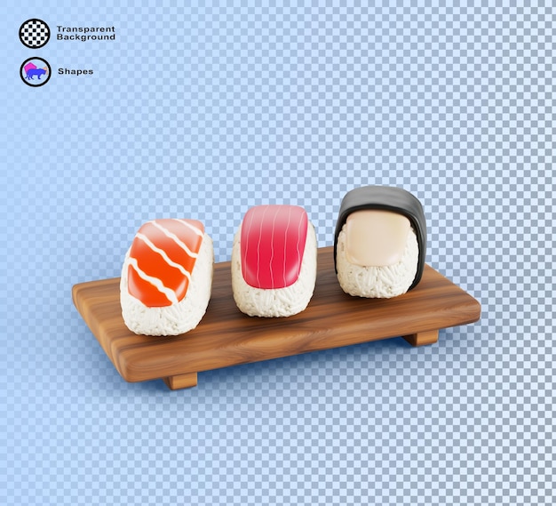 Nigiri sushi con salmón, atún y anguila en nori, algas marinas, plato de cocina japonesa con arroz y mariscos en plato de madera, menú de restaurante de comida asiática aislado, icono de renderización de dibujos animados