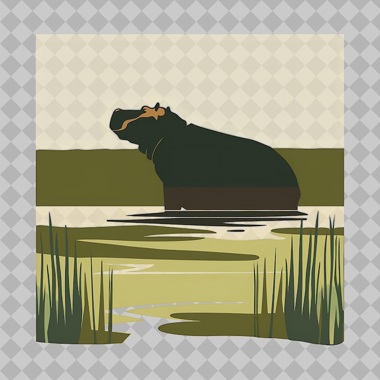 PSD nilpferd in einer silhouette rechteck feuchtgebiet geschmückt w png aquarell wildtierkollektionen
