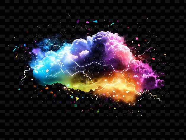 Nimbus vibrant cloud com relâmpagos coloridos de arco-íris e uma coleção de decoração de cores e formas de néon