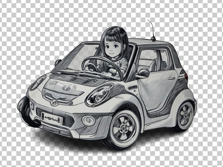 PSD niña en 3d montando un concepto de día de conductores de automóviles