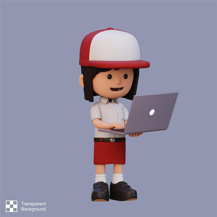 PSD niña 3d personaje trabajando en una computadora portátil