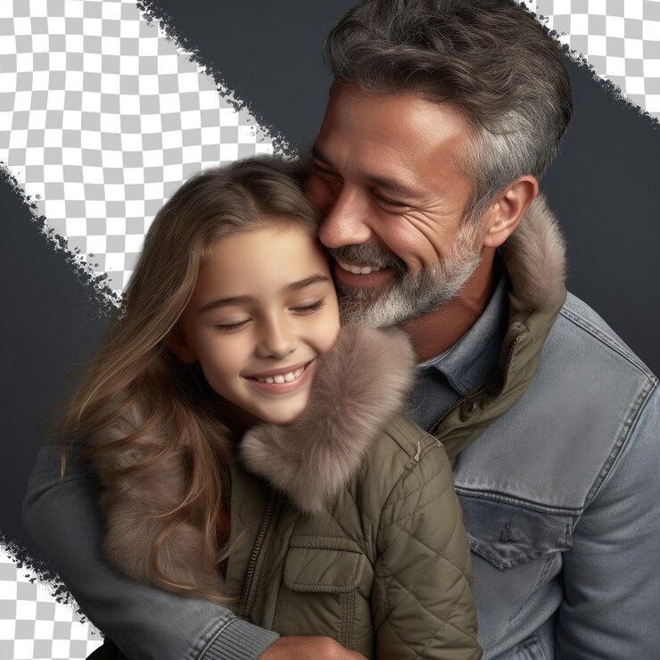 PSD niña abrazando a su padre mirando hacia otro lado en un fondo transparente