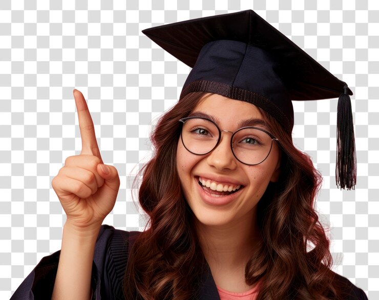 PSD niña adolescente sonriente de png señala con el dedo a la mujer de fondo de la graduación