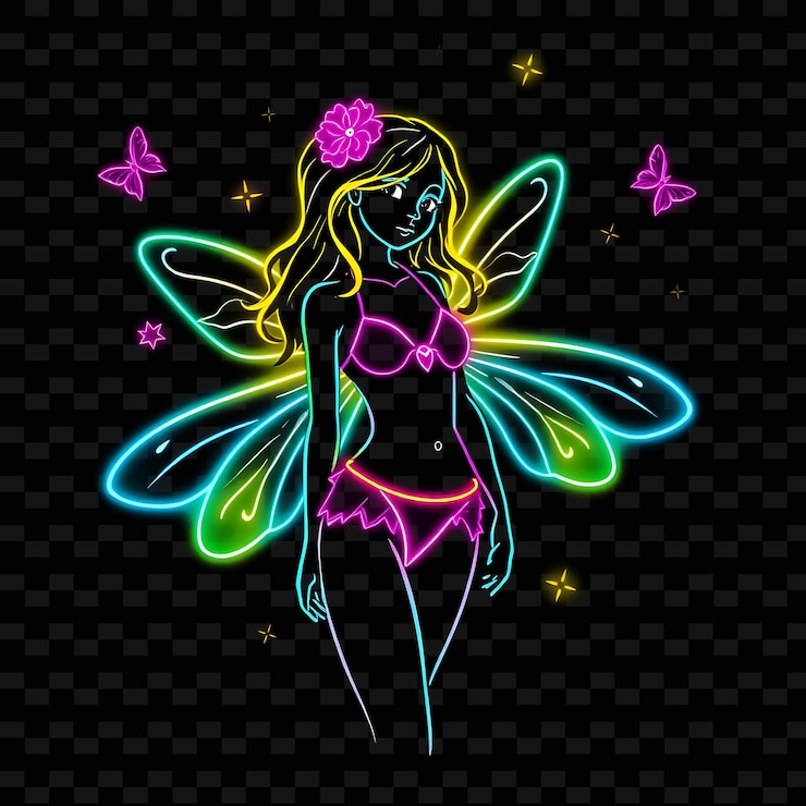 PSD niña adolescente en traje de baño diseño de arte de hadas de neón con colores mágicos la ilustración personaje de neón