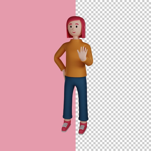 PSD niña agitando la mano en 3d con un personaje en 3d