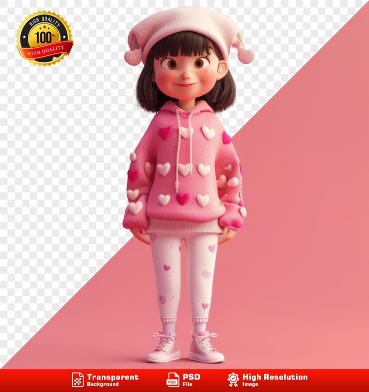 PSD niña al estilo pixar con suéter rosa y boina con diseño de corazón