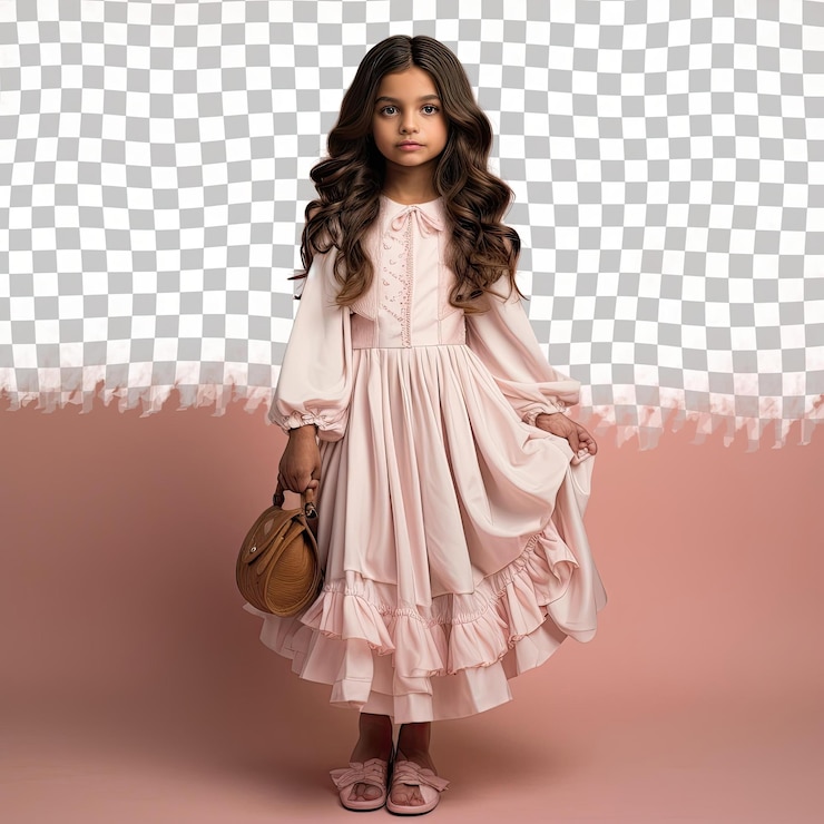 PSD una niña ansiosa con el pelo largo de la etnia nativa americana vestida con un traje de vendedor minorista posa en un estilo de vestido largo y fluido sobre un fondo rosa pastel