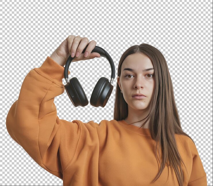 Niña con auriculares escuchando música en un fondo blanco