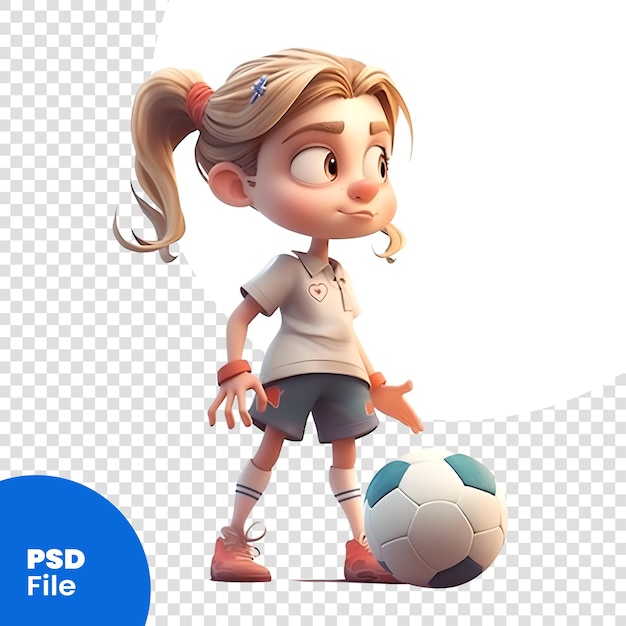 PSD niña con balón de fútbol aislado sobre fondo blanco. personaje animado. plantilla psd