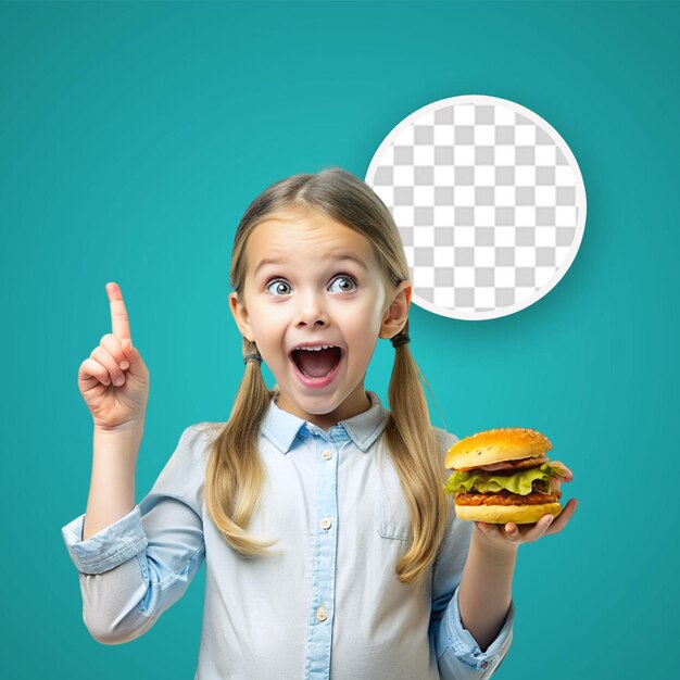 Una niña bonita con una hamburguesa en la mano para un cartel de redes sociales de fondo transparente png