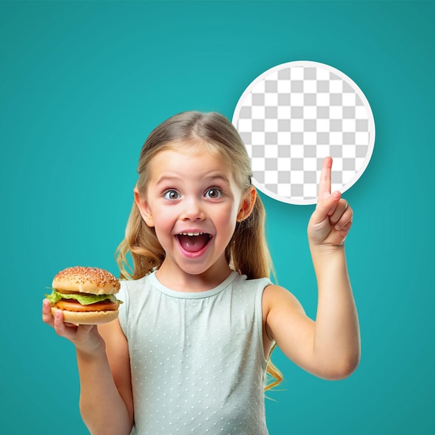 PSD una niña bonita con una hamburguesa en la mano para un cartel de redes sociales de fondo transparente png