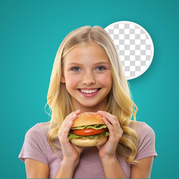 Una niña bonita con una hamburguesa en la mano para un cartel de redes sociales de fondo transparente png