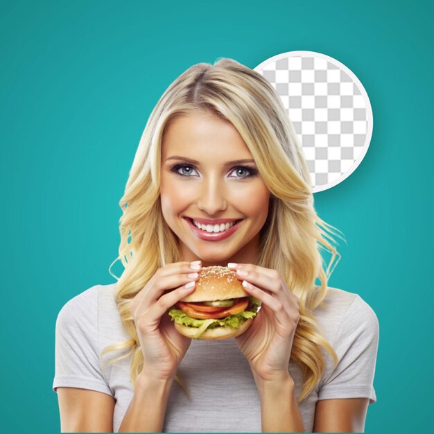 PSD una niña bonita con una hamburguesa en la mano para un cartel de redes sociales de fondo transparente png