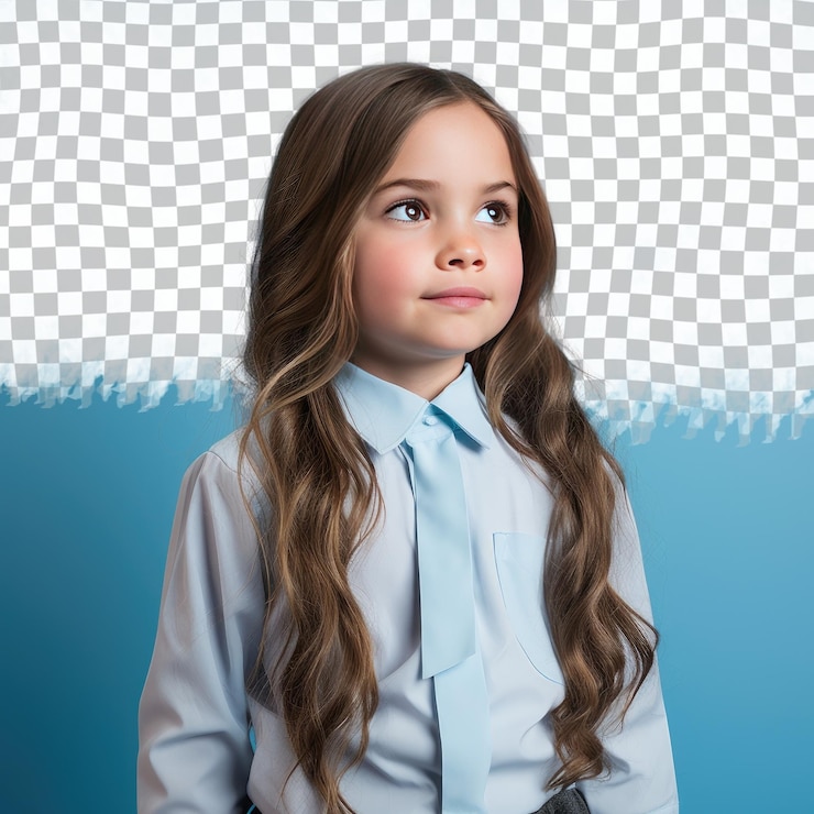 PSD una niña con cabello largo de la etnia nórdica vestida con ropa de terapeuta ocupacional posa en un estilo sideways glance contra un fondo azul pastel