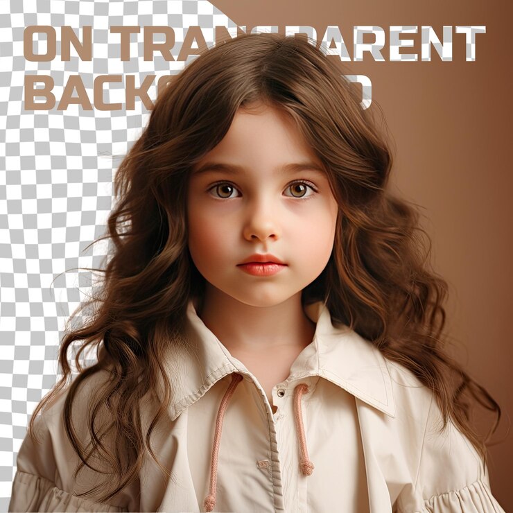 PSD una niña con cabello largo de la etnia urálica vestida con trajes de carpintero posa en un estilo close up of lips contra un fondo beige pastel