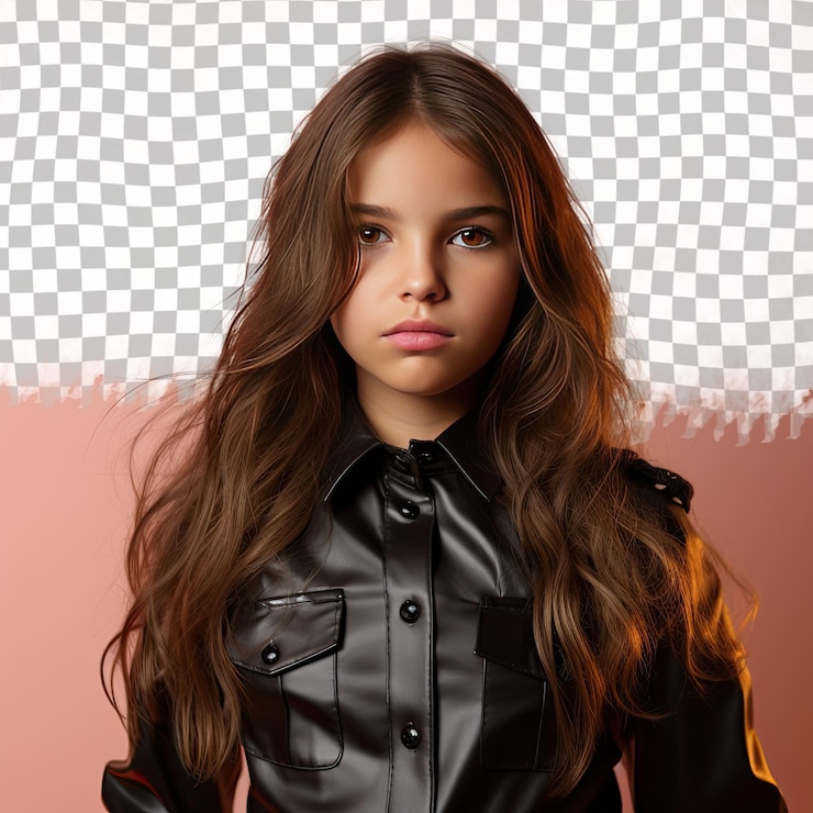 PSD una niña con cabello largo de origen étnico de oriente medio vestida con traje de oficial de policía posa en un estilo de mirada directa intensa contra un fondo de mandarina pastel