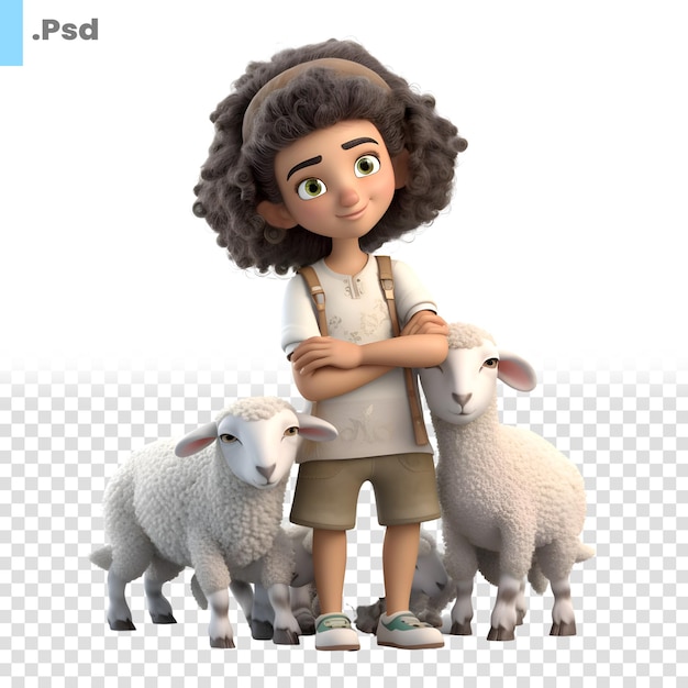 PSD niña con cabello rizado está de pie junto a un rebaño de ovejas plantilla psd
