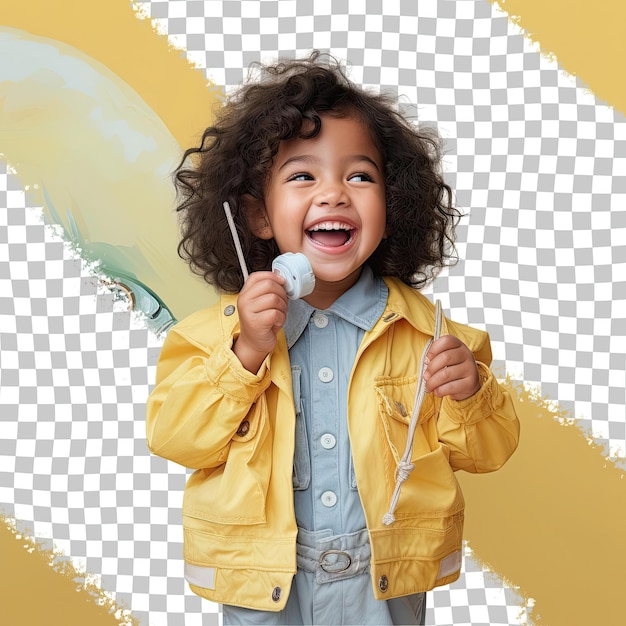 Una niña calmada con cabello retorcido de la etnia asiática vestida con ropa de pesca junto al lago posa en un estilo de risa con la mano cubriendo la boca contra un fondo pastel de limón