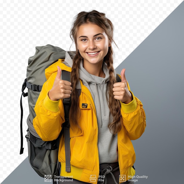 PSD una niña con una chaqueta amarilla y una mochila gris con la palabra 