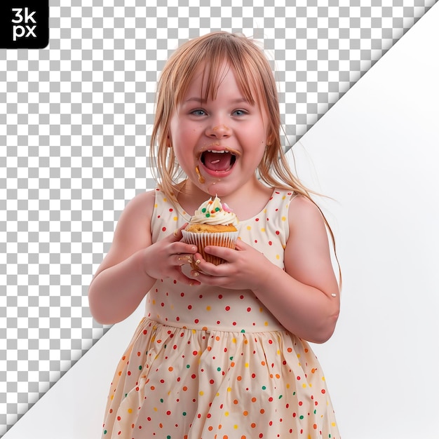 Una niña está comiendo un pastel con una foto de una niña