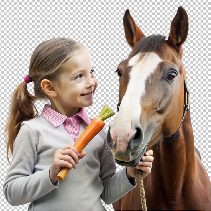 PSD niña comiendo zanahoria con caballo en un fondo transparente