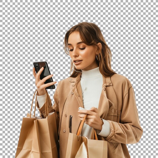 Niña de compras de pie en un fondo transparente Generado por Ai