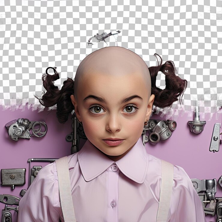 PSD una niña confusa con cabello calvo de la etnia de oriente medio vestida con ropa de cerrajero posa en un estilo de close up of eyes contra un fondo de lilas pastel